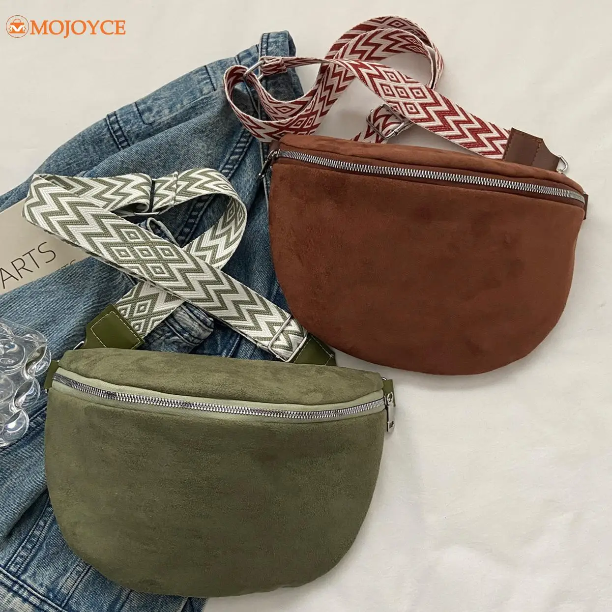 Retro Suede Ladies Fanny Pack Fashion Wide Strap Satchel Women Solid Color Waist Bag Luxury Half Moon Chest Bag Trend Banana Bag