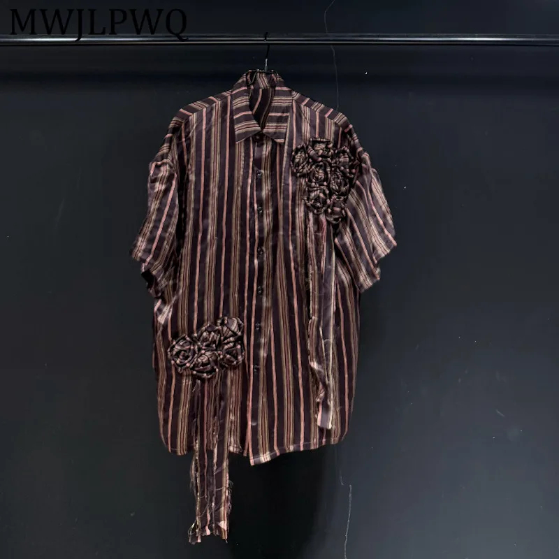 MWJLPWQ Vintage Stripe Satin Oversized Shirt Floral Decor Tassel Fringe Short Sleeve Top Mens Simple Street Daily Outfit 16762