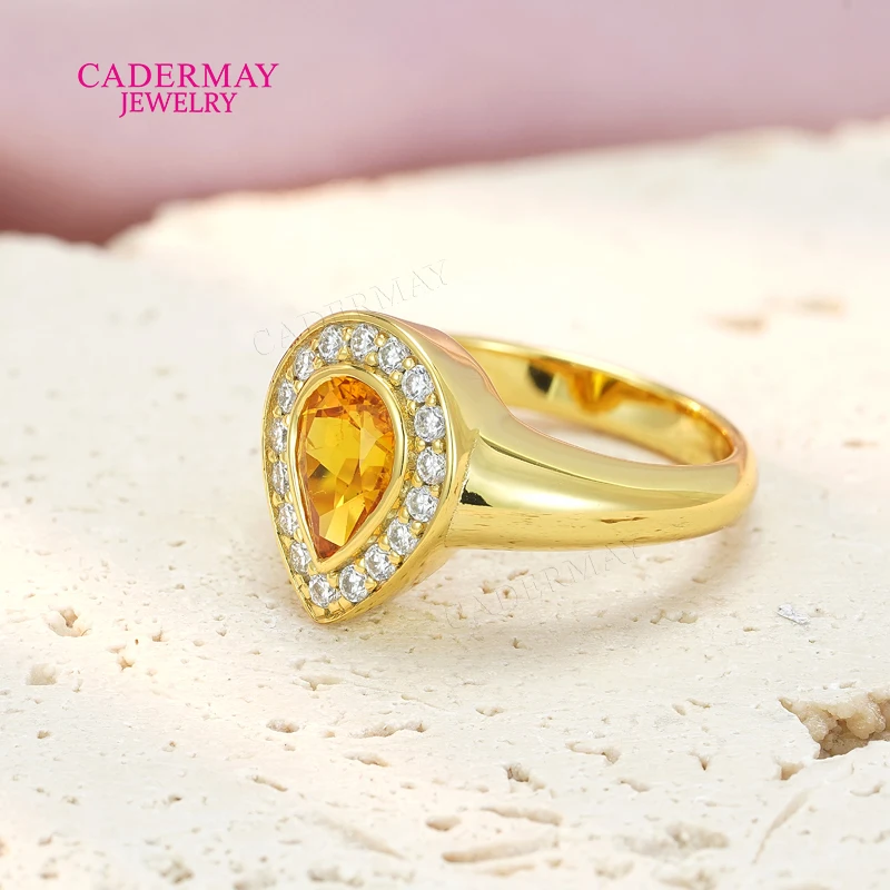 Lab Sapphire Pinky Ring 925 Silver 5x7mm Pear Shape Dark Yellow Lab Grown Sapphire Moissanite Halo Ring Women Men