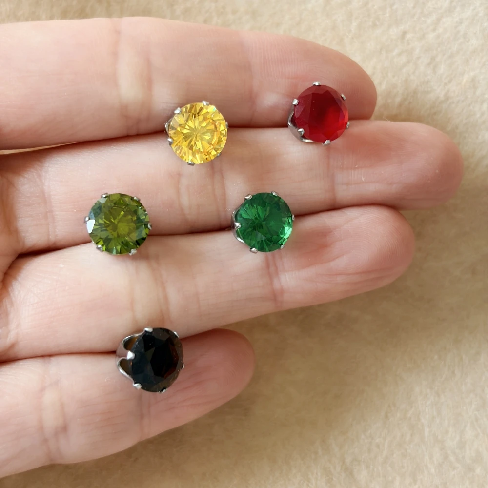 2027 Classic Unisex Big Size 8mm Green Golden Red Brown AAA Zircons/Glass Stainless Steel Stud Earrings Brief Style