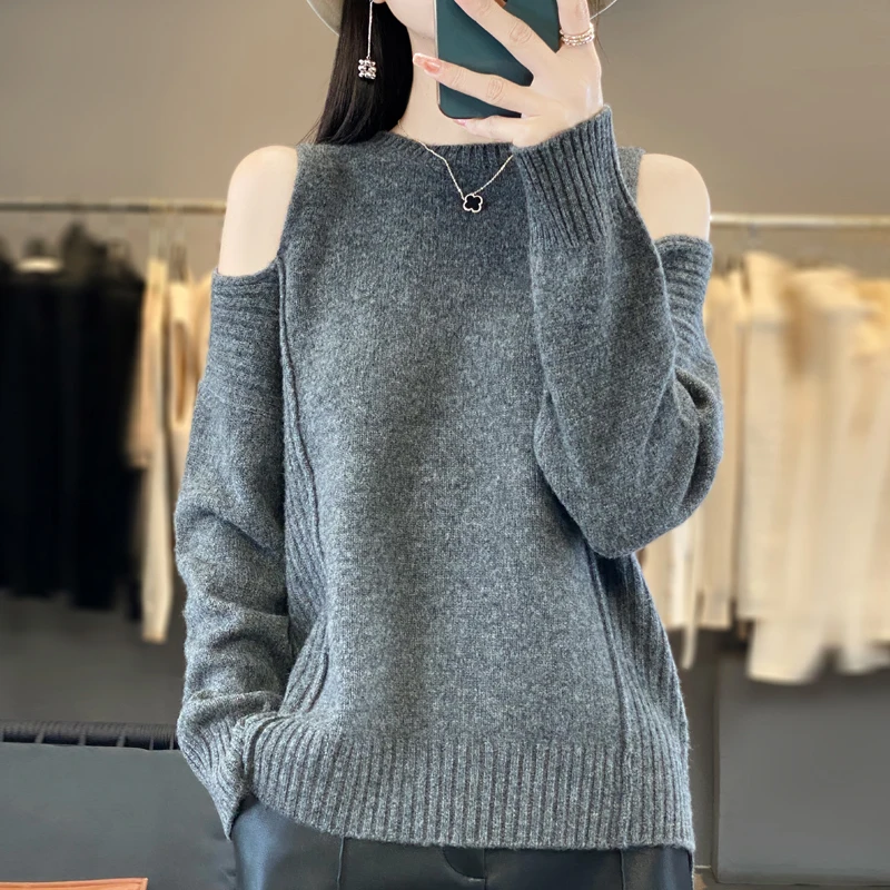 

Women's 100% Pure Wool Sweater Round Neck Loose Off-The-Shoulder Knit Pullovers Fashion Warm Pit Strip Tops Autumn Thick Jacket