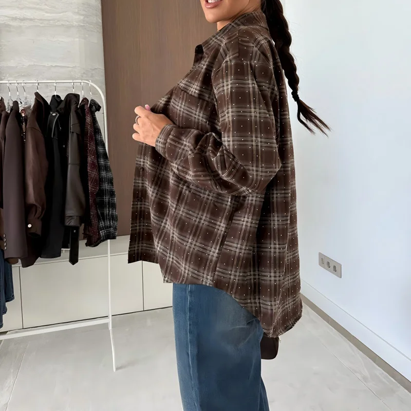 

Fall Winter Vintage Long Sleeve Commute Coat Elegant Lady Lapel Loose Shirts Casual Single Breasted Contrast Color Print Blouse