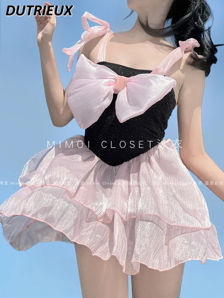 New Pink Japanese Sweet Strap Dress Short Swim Suit Cute Bow Pure Desire Swimwear Hot Spring Vacation Swimming Suit for Women