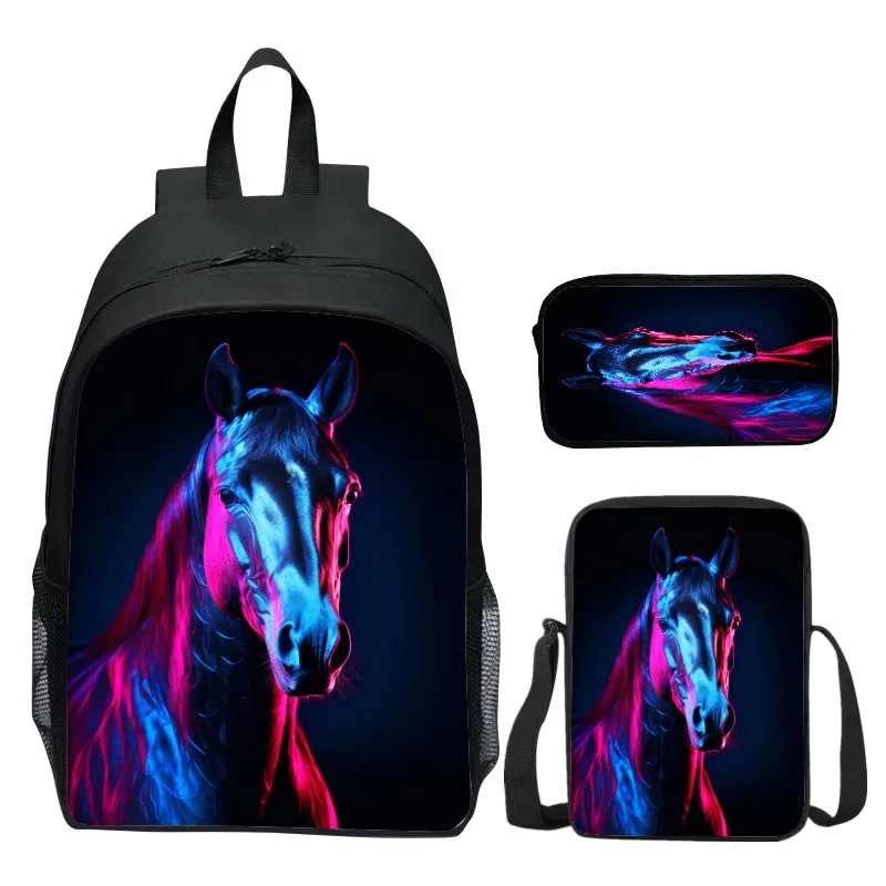 Mochila con estampado Digital de animales para niños, bolsos escolares para niñas, bolsa de libros para niños, moda de caballo, 3 piezas por juego