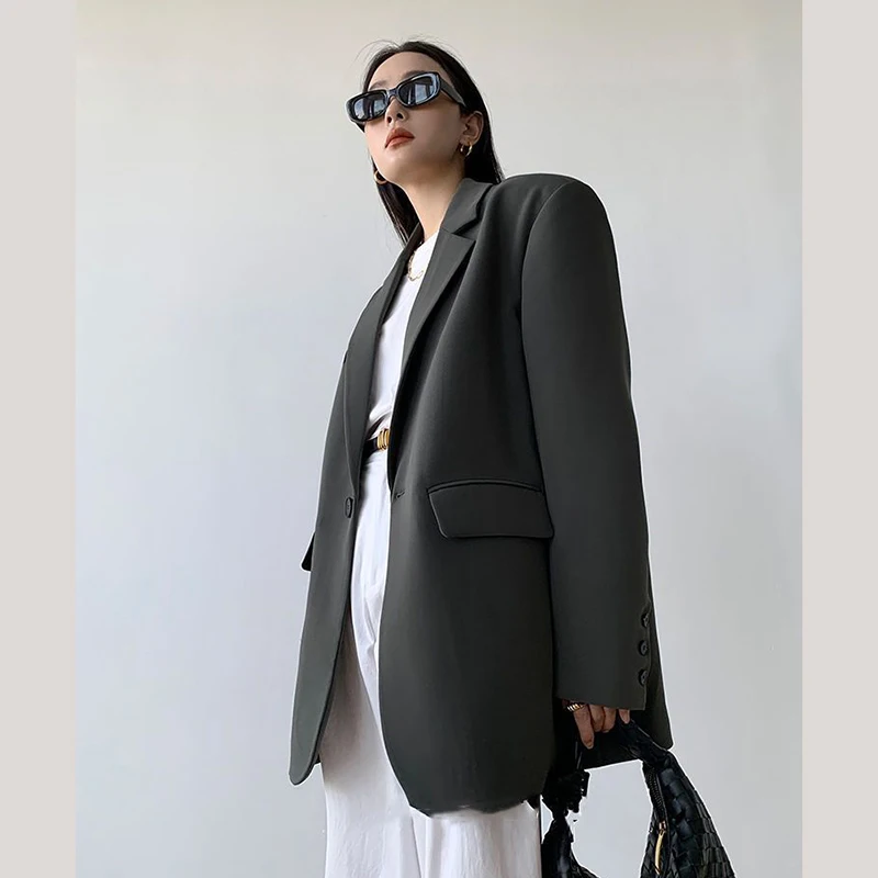 Zoki Vintage Harajuku Blazer Coat Women Casual Loose Long Sleeve Jackets Oversize Retro Simple Korean Office Lady Solid Suit Top