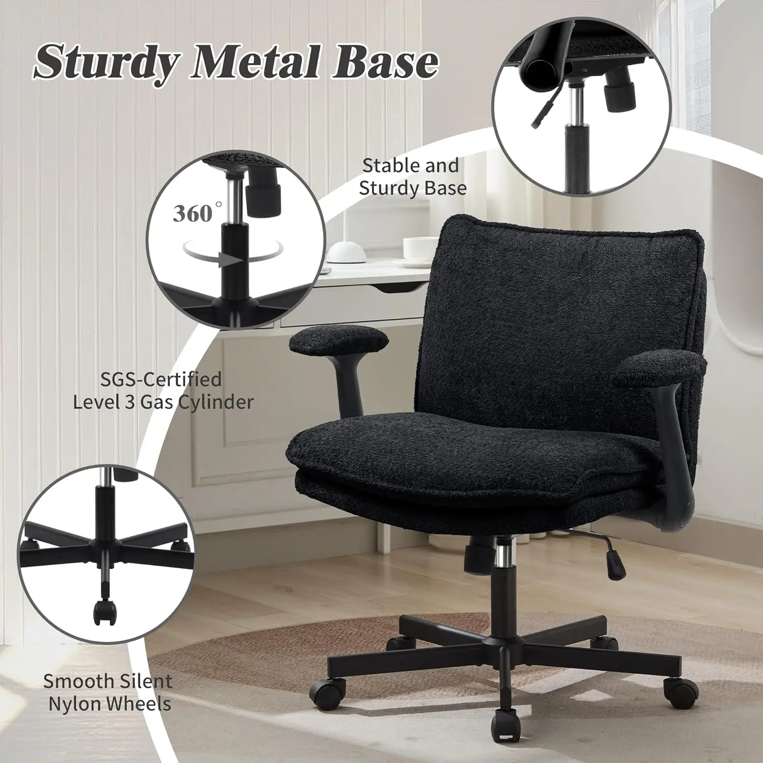 Wide Seat Criss Cross Office Chair with Wheels & Flip-Up Arms, Desk Chair for Home Office & Vanity, Black, Customized