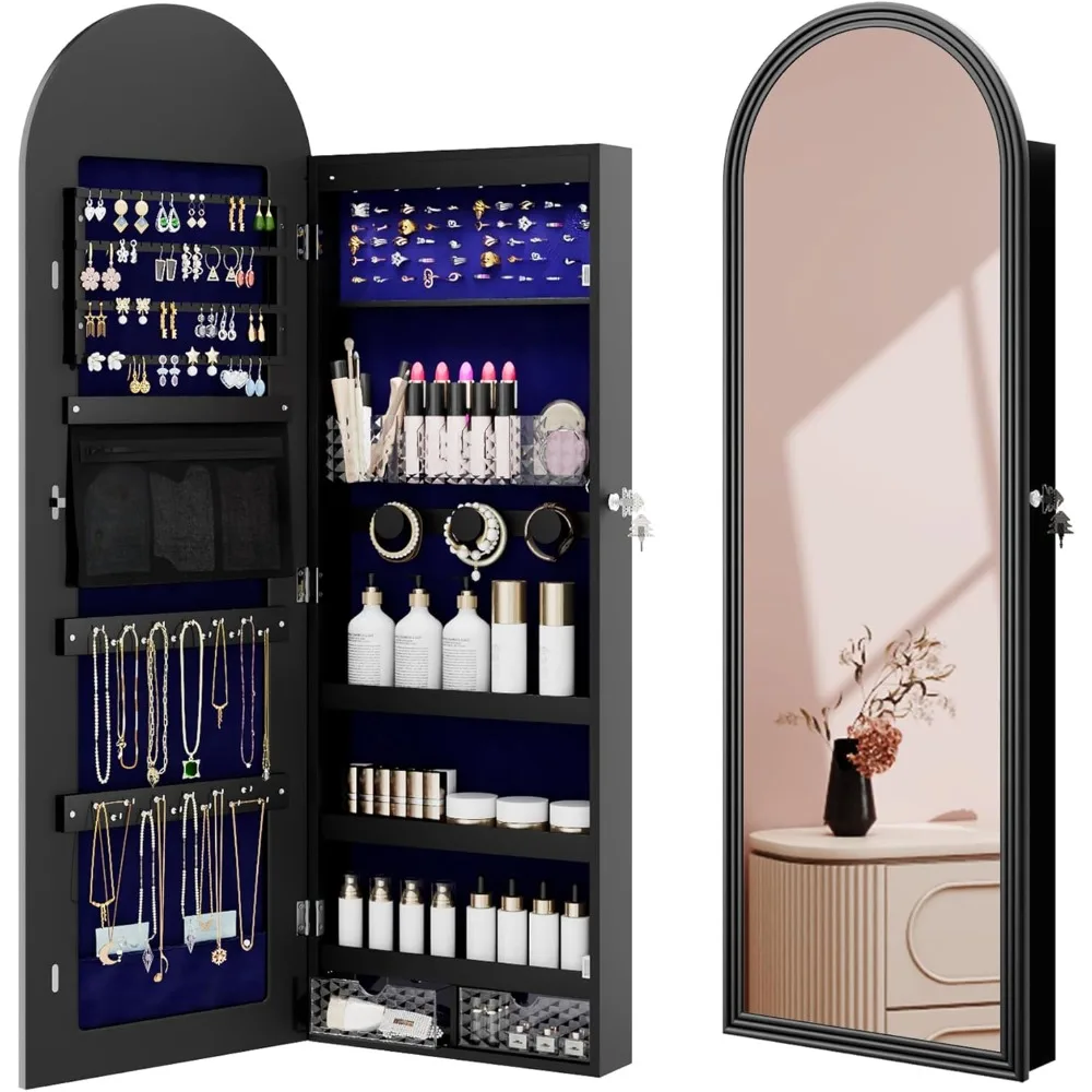 Jewelry Cabinet Organizer with Mirror, 47 inch Lockable Full-Length Mirror Jewelry Armoire Hanging Door/Wall Mounted with 6 LEDS