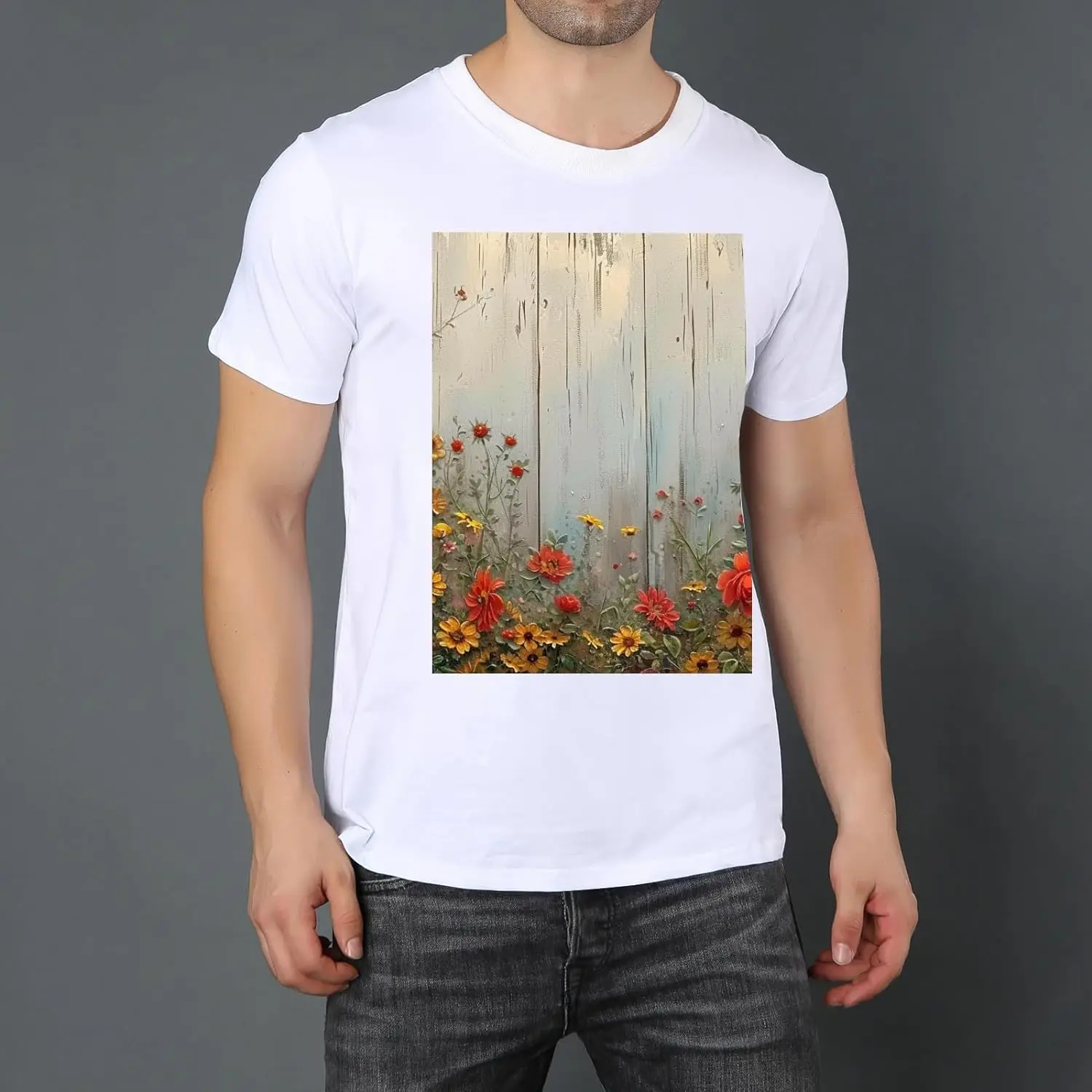 Flower Wood Mens Black T-Shirts Short Sleeve Crew Neck Women T-Shirt Loose Fit Soft Tees for Men Lightweight X-Small