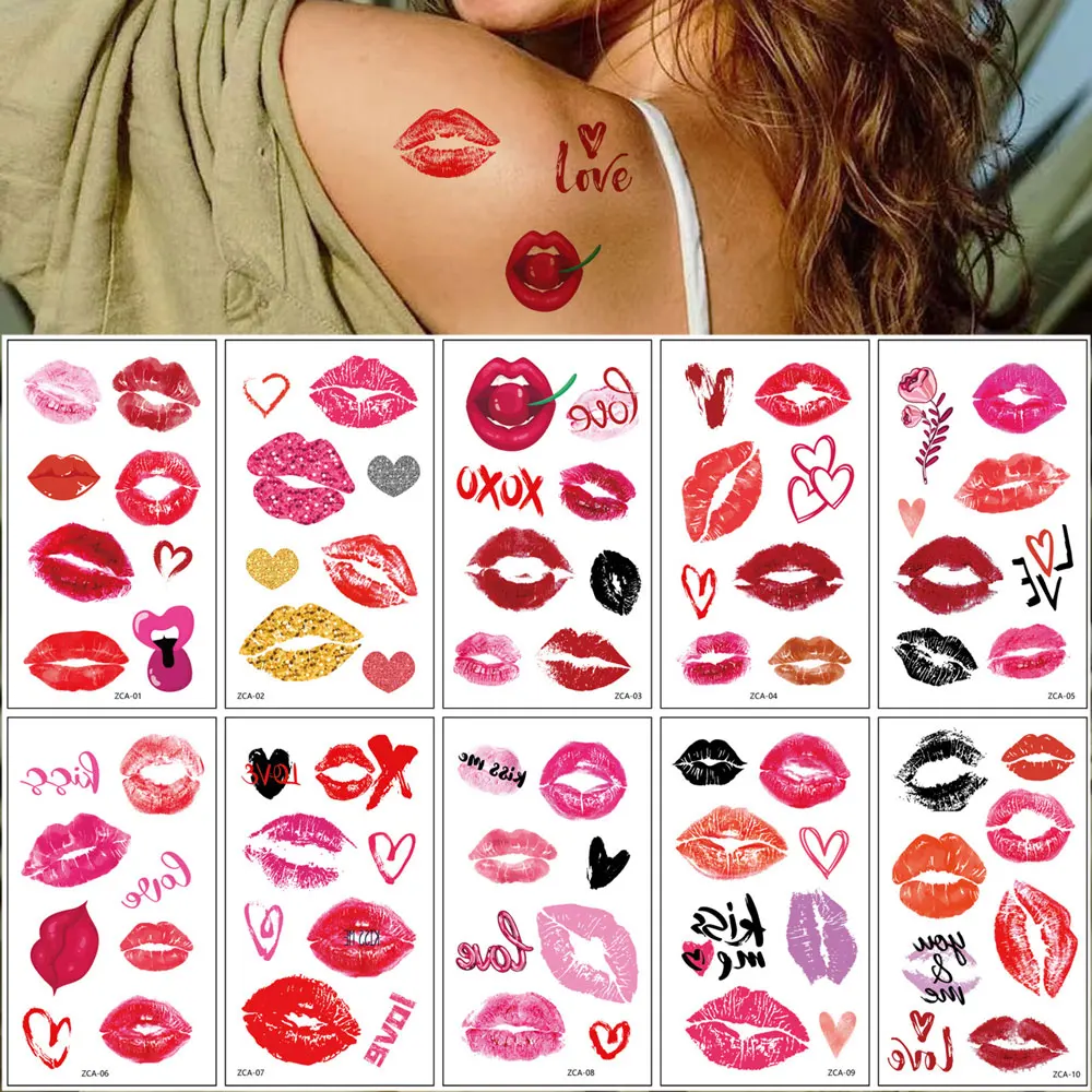 10 أوراق وشم مؤقت مقاوم للماء لعيد الحب ديكور الجسم على شكل قلب الحب قبلة وشم مزيف للنساء ملصقات الزفاف