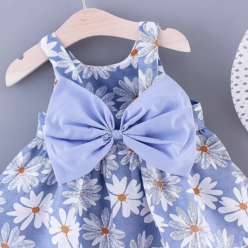 2023 Summer New Baby Dress Small Daisy Cotton Princess Dress Big Bow Sling Children\'s Clothing Gift Hat