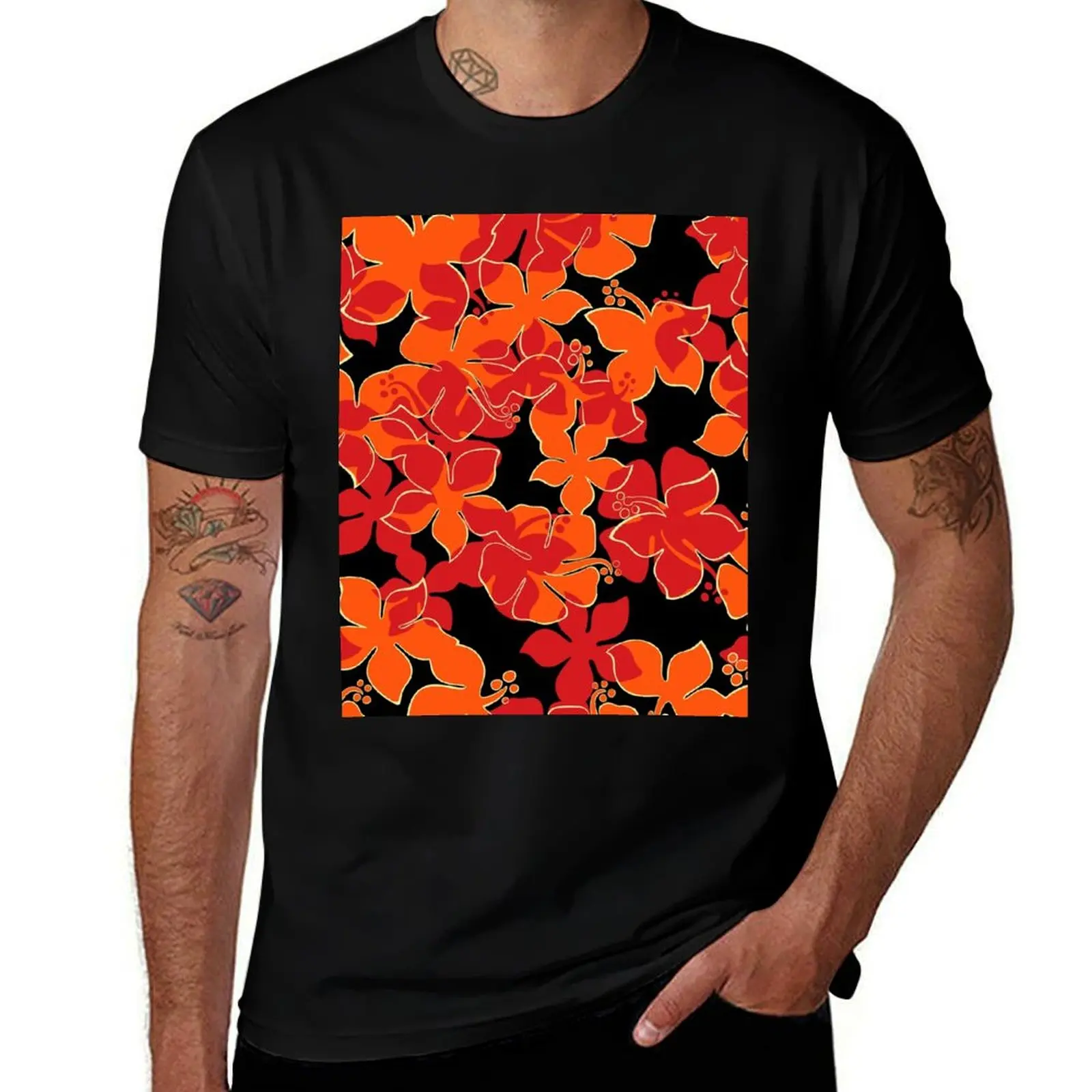 

Hanalei Hawaiian Floral Camo Aloha Shirt Print - Red, Orange & Black T-Shirt anime tshirt printed t shirts for man T-shirt