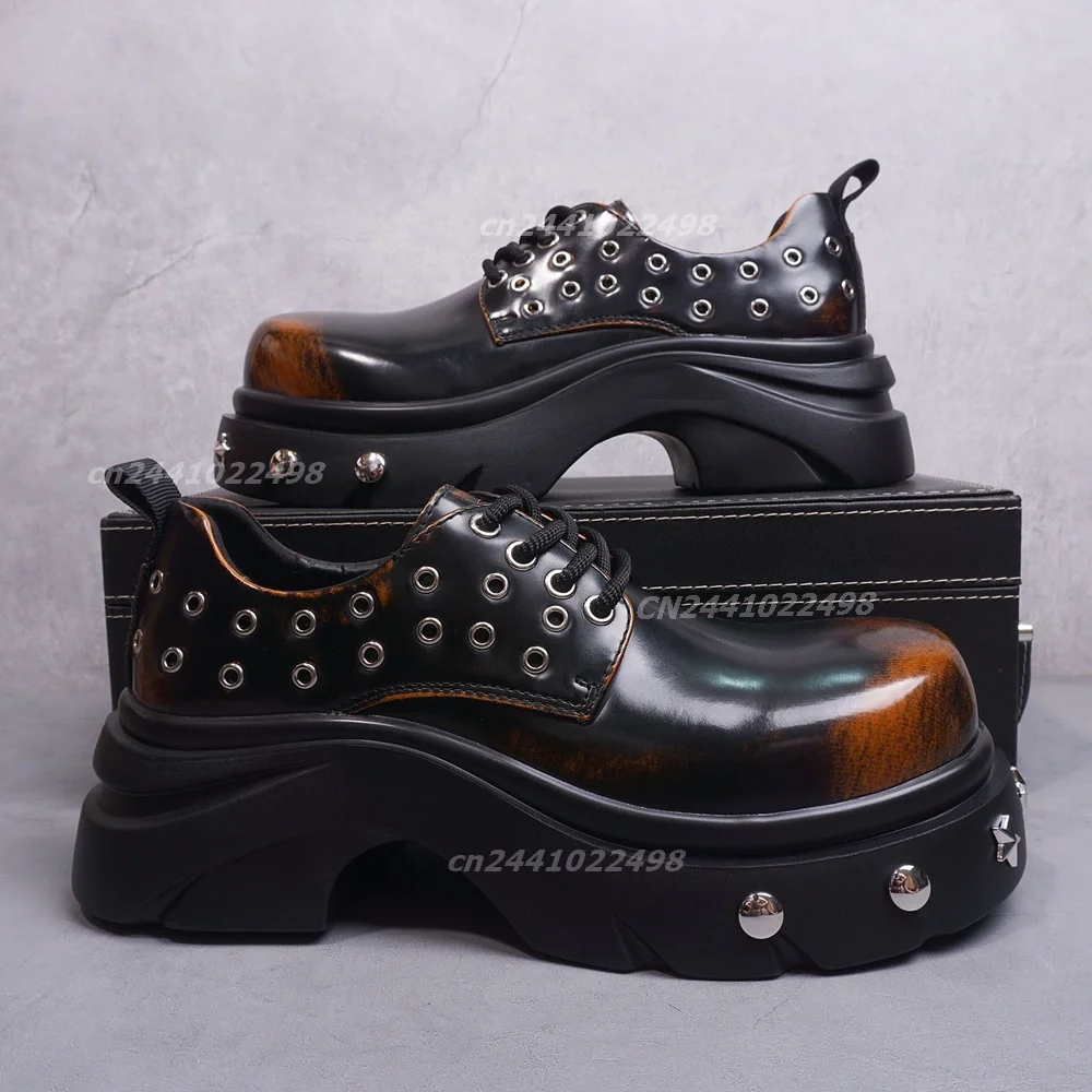 Men's Vintage Empolished Matte Leather Lace up Oxfords Punk Style Metal Studded Decor, Platform Round Toe Thick Sole Shoes