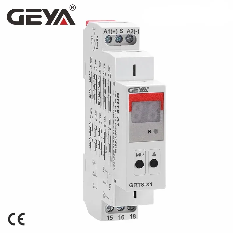 GEYA GRT8-X Cyfrowy wyświetlacz Wielofunkcyjny przekaźnik czasowy z 20-funkcyjnym opóźnieniem AC230V lub AC/DC12V-240V 0,1S-99 dni
