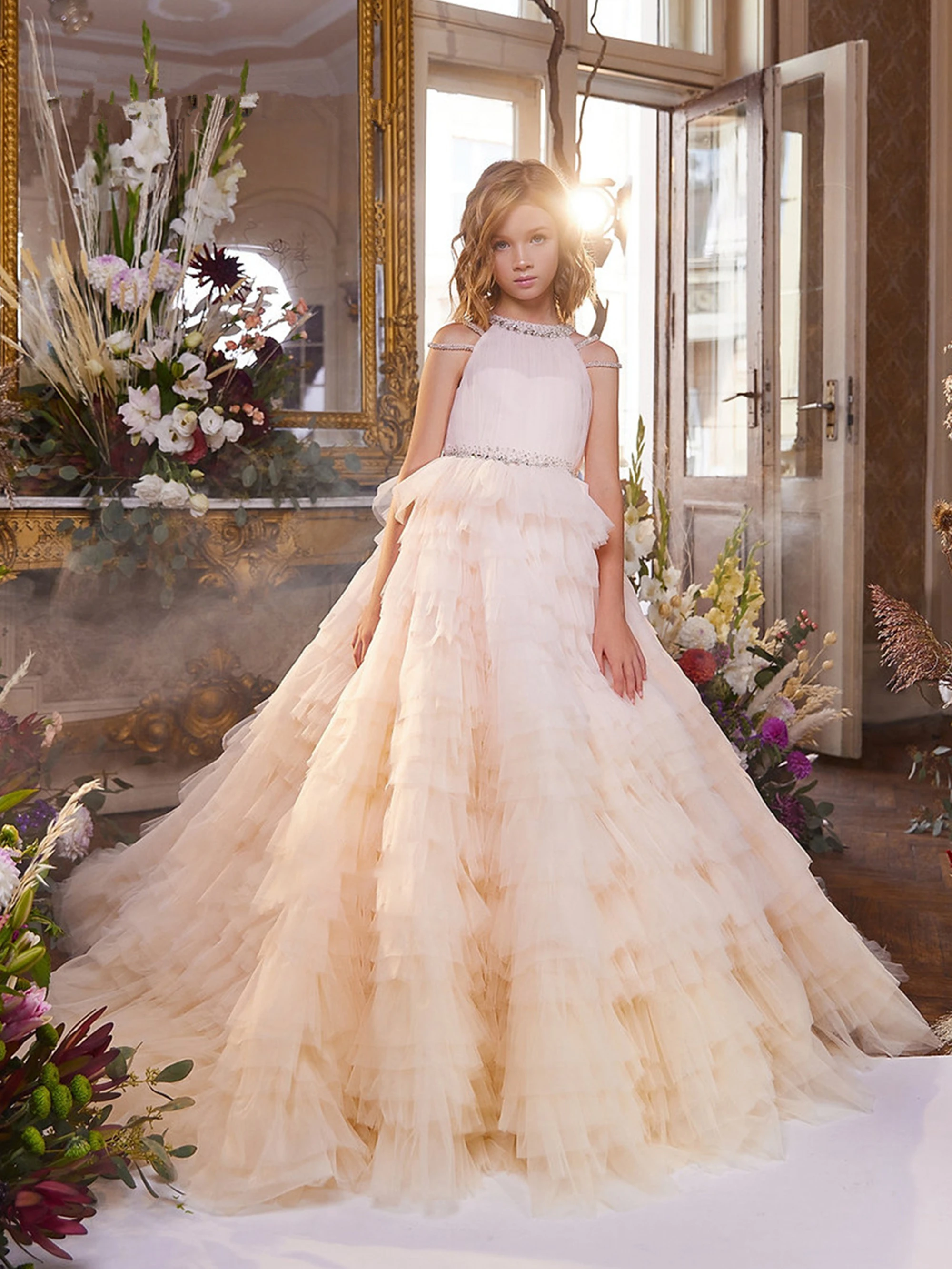 

Flower Girl Dress For Wedding Lace Tulle with Cape Puffy Shining Elegant Princess First Communion Birthday Gowns