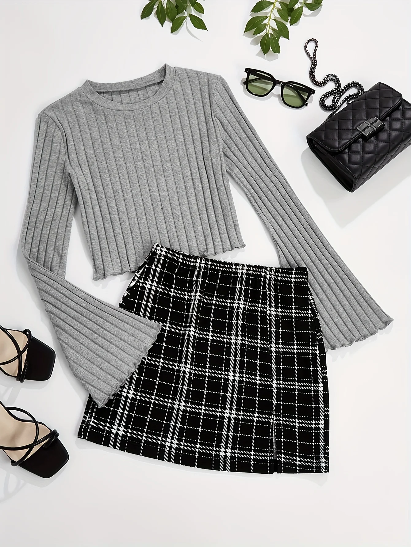 Casual Colorblock Two-piece Skirt Set Ribbed Crew Neck Long Sleeve Top & Plaid Skirt Women\'s Clothing