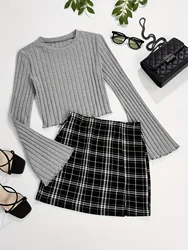 Casual Colorblock Two-piece Skirt Set Ribbed Crew Neck Long Sleeve Top & Plaid Skirt  Women's Clothing