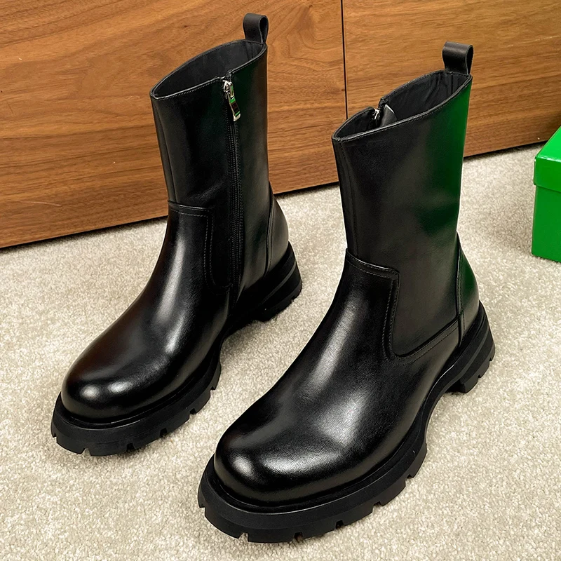 

Luxury Men Riding Boots Genuine Leather Thick Sole Mid Calf Chelsea Boots British Long Motorcycle Boots Outdoor Work Shoes