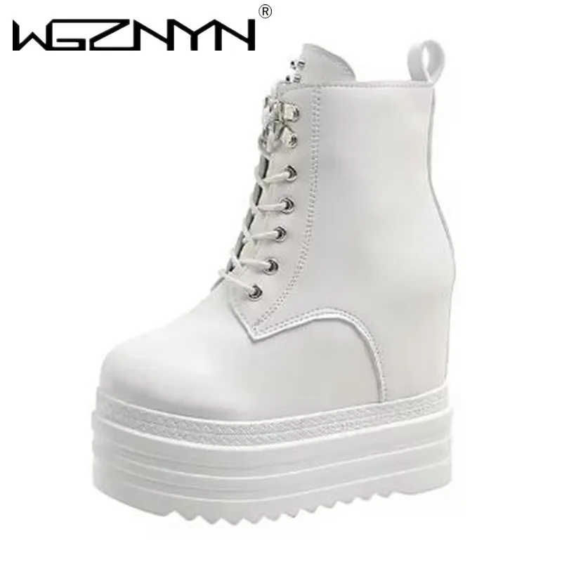 Brand Punk Style Women 12CM Platform Wedges Boots Autumn Soft Leather Fashion Metal Rivet Female Lace Up High Heel Gothic Shoes