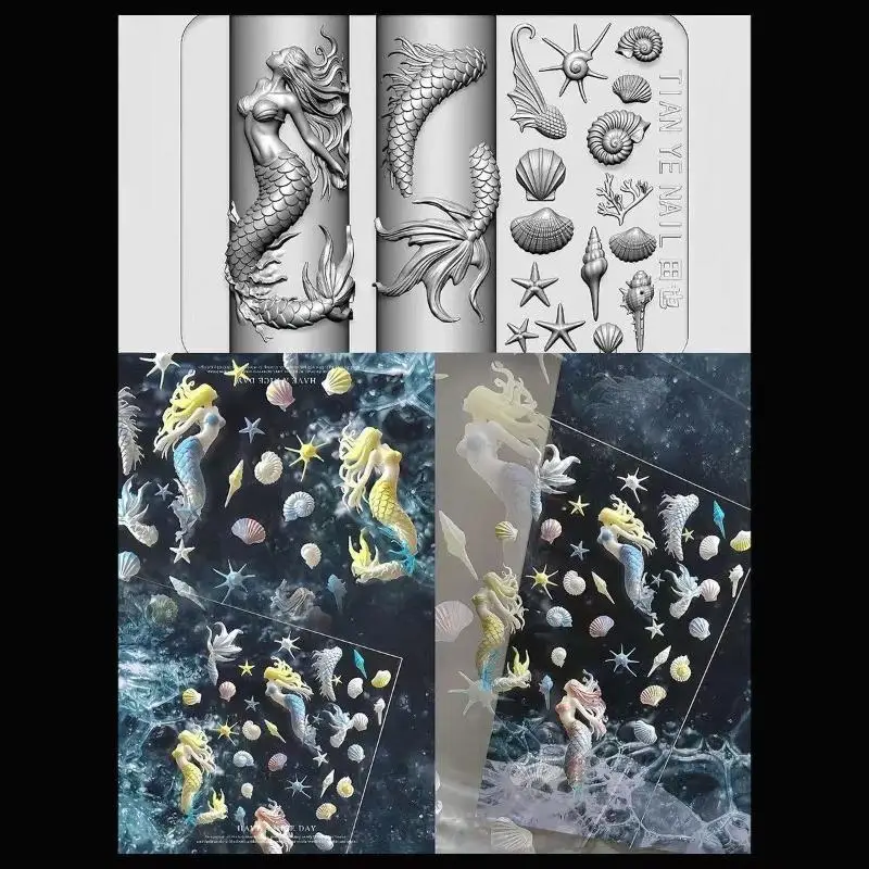 3D Soft Silicone Nail Mold Ocean Mermaid Goldfish Koi Buttons Carves Cartoon DIY Nail Art Accessories