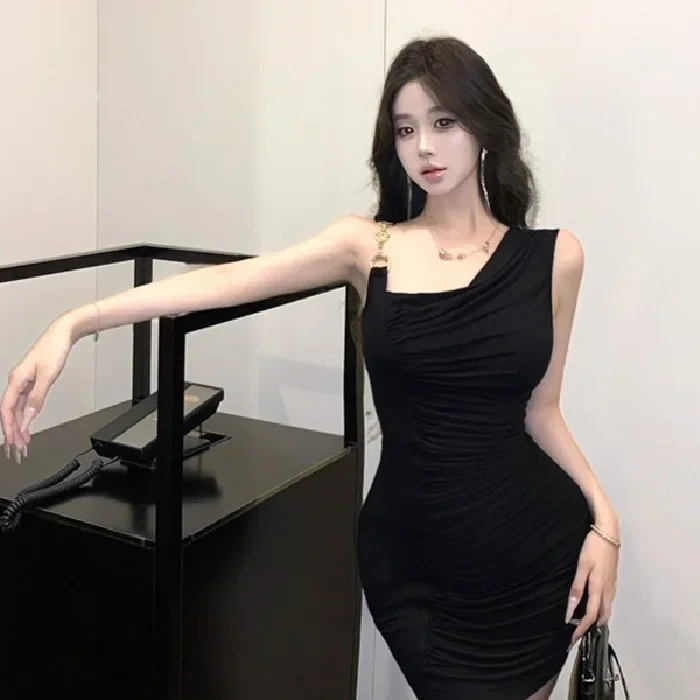 التخسيس سلسلة سوداء فستان بدون حمالات المرأة بلا أكمام الخصر مقصوص فستان قصير مثير شكل الجسم تصميم أنيق نمط الأمومة #3