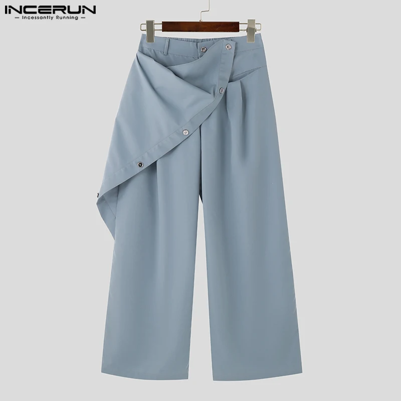 INCERUN Men Pants Solid Long Trouser Irregular Buttons Solid Color Oversized Wide Leg Pant Autumn Streetwear Casual Loose Pant