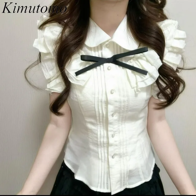 

Kimutomo Shirts Women Vintage Elegant Peter Pan Collar Short Sleeve Lace Patchwork Fashion Blouse Female Tops Preppy Style