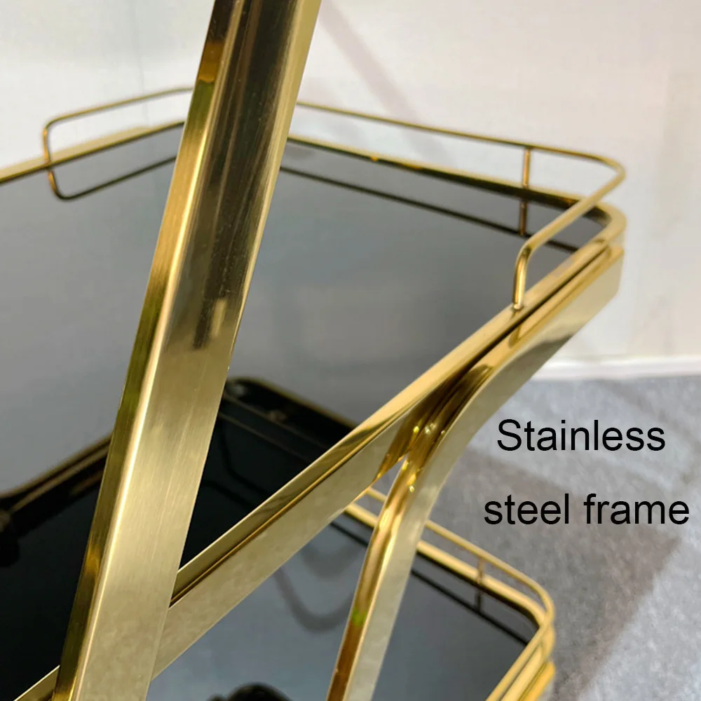 

New Stainless Steel Glass Trolley Cart Square Rolling Cart Compression Resistance And Wear Resistance Luxury And Simplicity