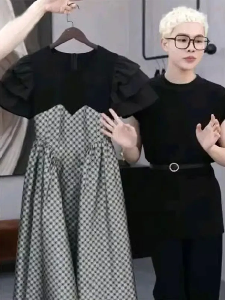 

Summer New plus Size Black Hepburn Style Women's Midi Dress High Waist A-Line Korean Commute Fashion Casual Slimming Dress