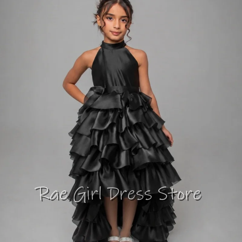 High Neck Halter Flower Girl Dress Multi Layer Ruffle High Low Hem Floor Length Party Gowns For Evening Wedding Customized