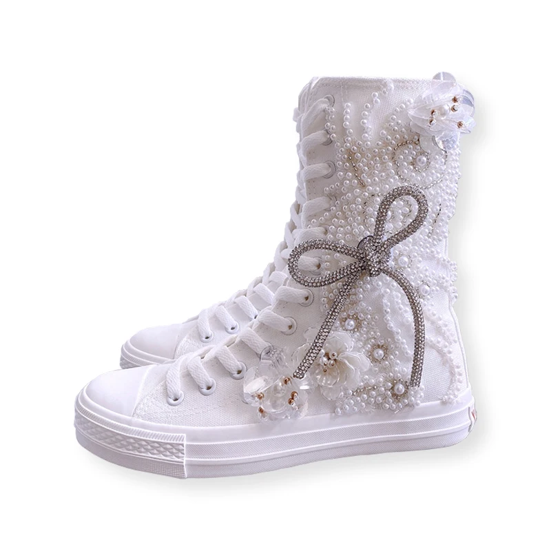 Women Round Toe High Heel Canvas Boots DIY Flowers Pearls Tassels Flat Casual Shoes Solid White Lolita Sweet Girls New Year Gift