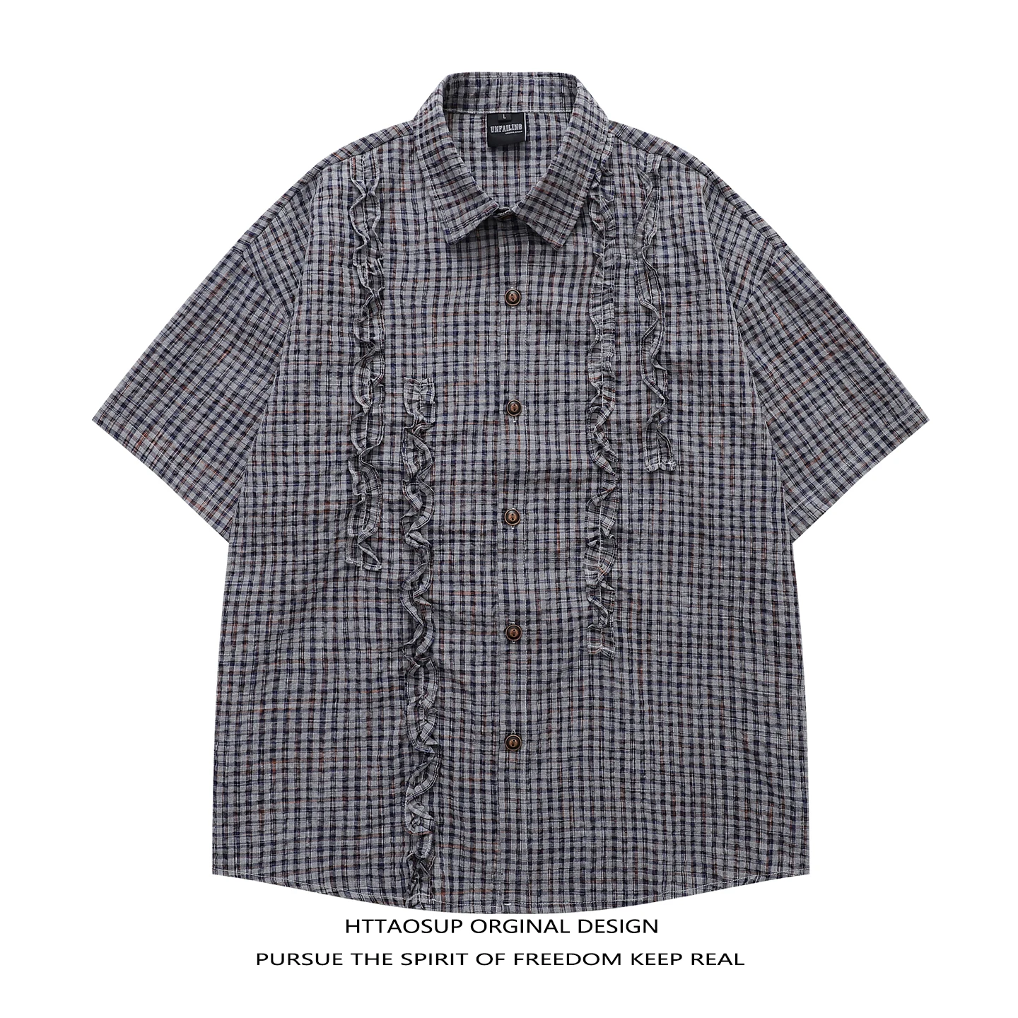

Loose Bubble Shirt Short Sleeve Plaid Hemline Men's Women's Street Style Casual Summer Shirt Unisex Versatile Bubble Fabric