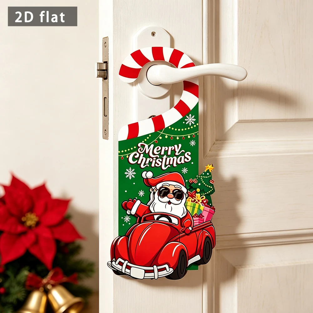 Wooden Christmas Santa Red Truck Door Hanger Sign, 2D Flat Merry Christmas Plaque, Xmas Door Handle Decor Ornament