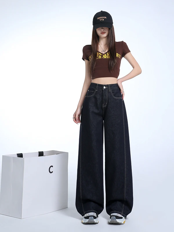 Retro Denim Blue Wide Leg Straight Cut Jeans Women's Loose Slimming Design Casual Cotton Blend Spring 2026 New Style