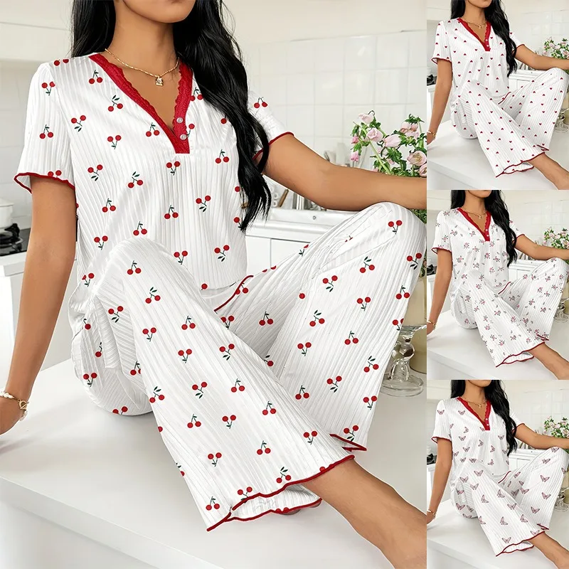 

Autumn Winter Warm Pajamas Set for Women Sleepwear Sexy Heart Print Tops and Trouses Sets Comfortable Pyjama Loungewear