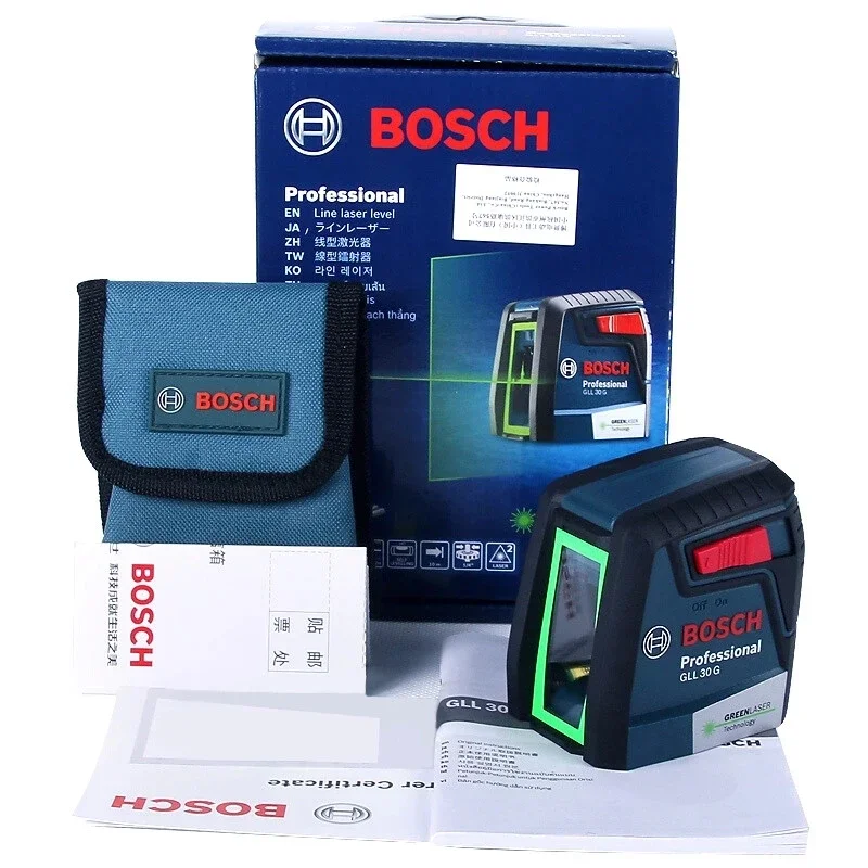 BOSCH GLL30G poziom lasera dwuliniowy samopoziomujący zielone światło pionowy poziomy przyrząd pomiarowy o wysokiej precyzji