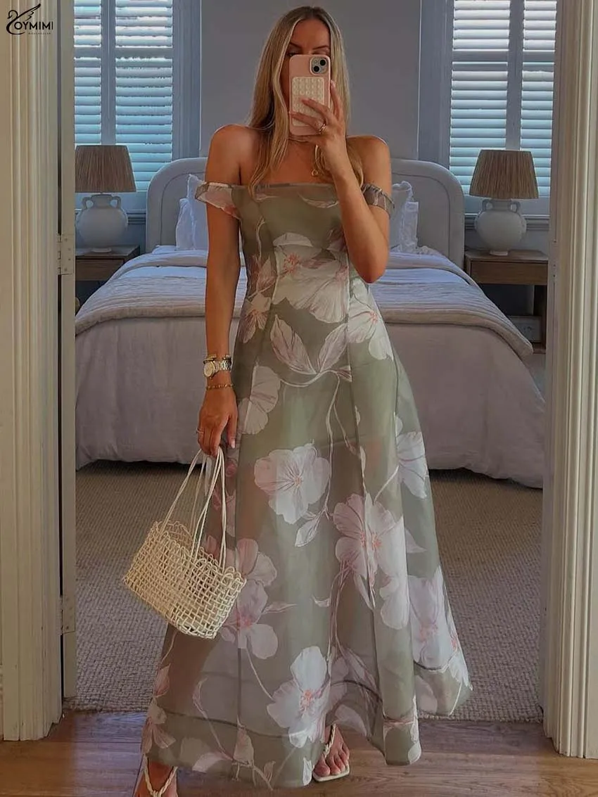 Oymimi Fashion Green Print Dresses For Women Elegant Square Neck Sleeveless Translucent Dresses Summer Loose Ankle-Length Dress