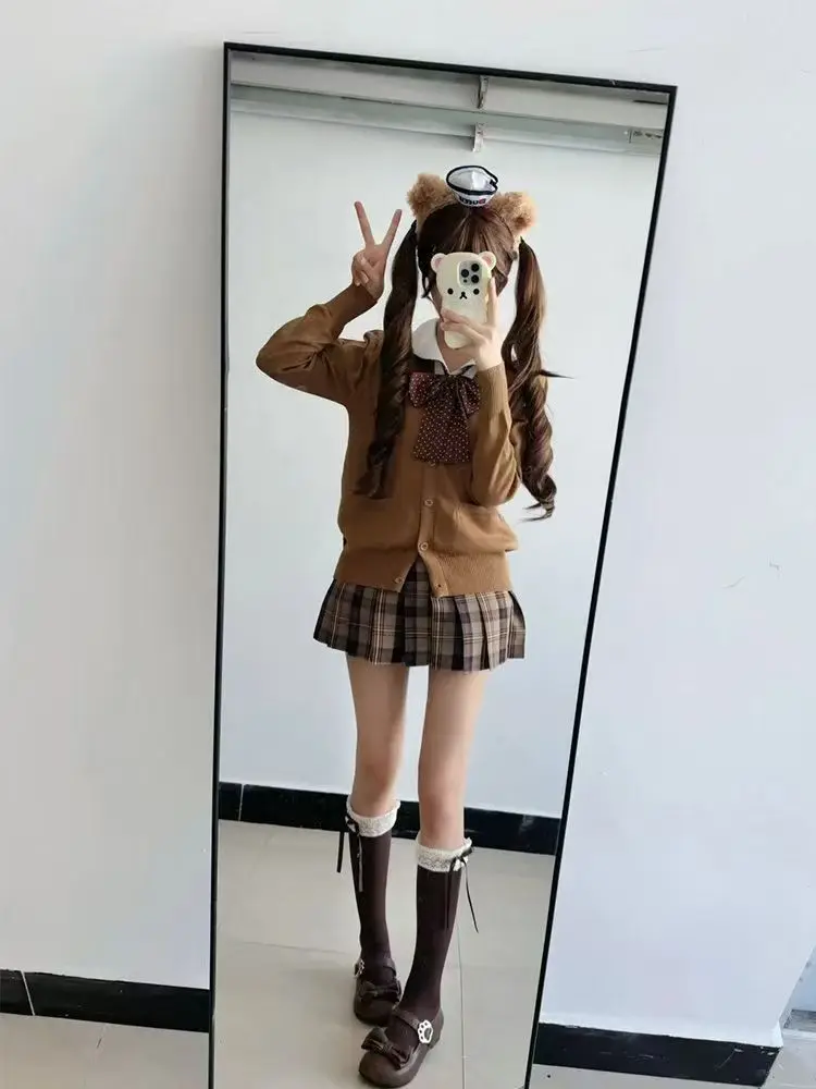 College Style Long Sleeve Knitted Sweater Sugar Roasted Chestnut Design Outerwear Winter Fashion Set Women's  Collar Coat