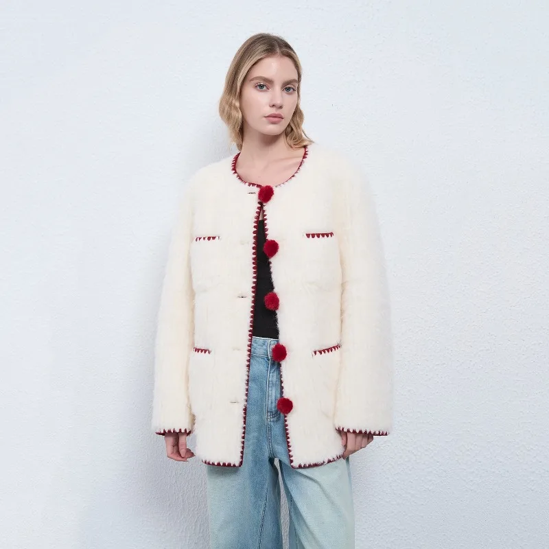 

Leather and Fur Furry Jacket Fluffy Loose Patchwork Mid Single Breasted White Faux Fur Jackets Luxury Plush Coat Faux Wool Thick