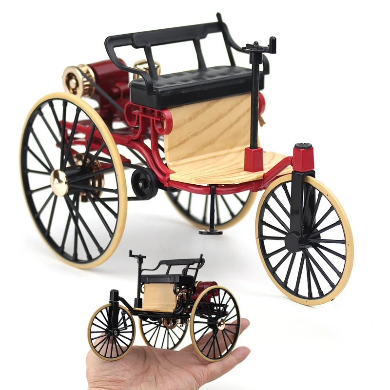 New 1Pc 1:12 1886 Vintage Classic Car No.1 Alloy Car Model Simulation Tricycle Pull Back Toy For Children Gift Collection A04