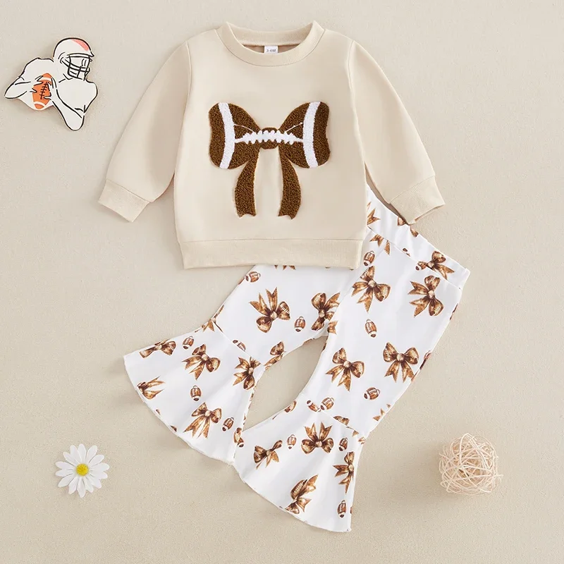 Fashion Autumn Toddler Kids Baby Girls Clothing Sets Long Sleeve Football Bow Embroidery Sweatshirts Flare Pants Casual Outfits