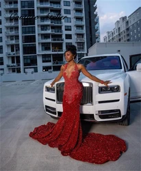 Ebullient Red Sequin Crystal Rhinestones Mermaid Prom Dresses 2026 Black Girls Dress Party Evening Luxury Celebrity Customized