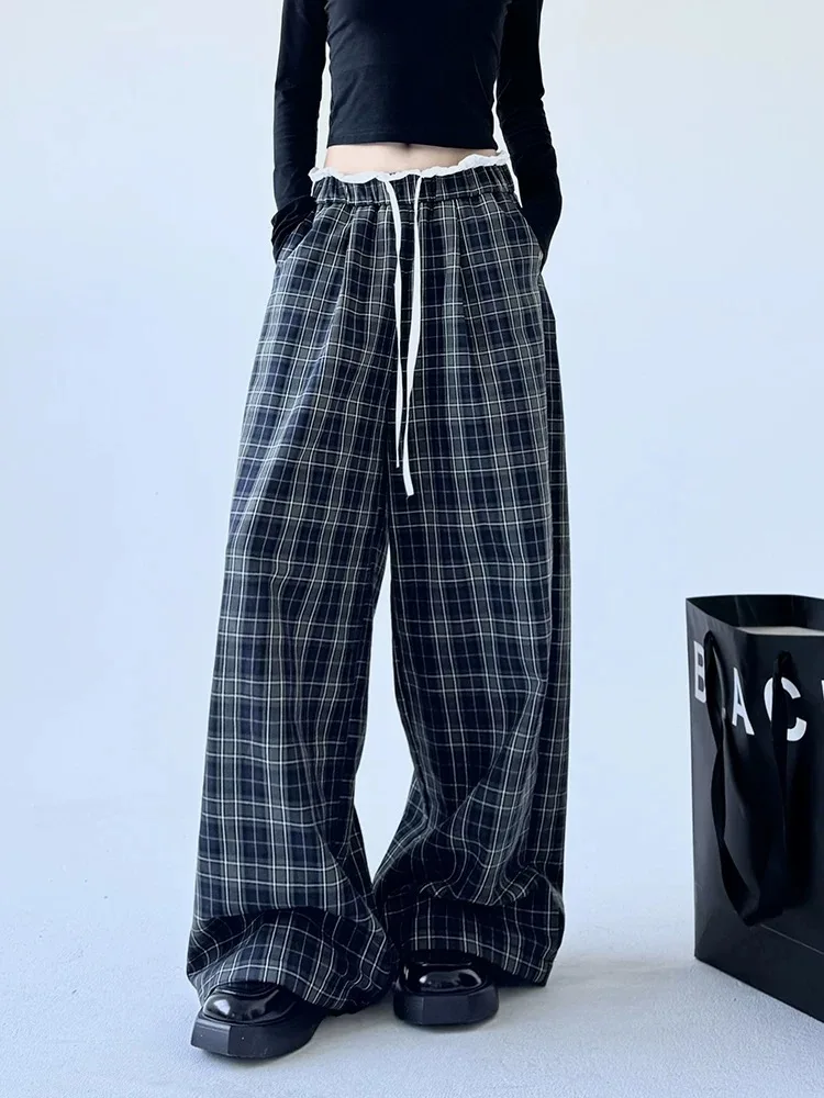 Women's y2k Vintage Streetwear Dark Black Plaid Pants Korean Fashion Style Ruffle Elastic Trousers Japanese 2000s style Clothes