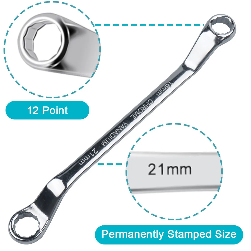 Offset Box End Wrench Set com Rolling Pouch, Anel Duplo Longo, Aço Carbono, Métrica 45 Graus, 45 #, HRC38-45