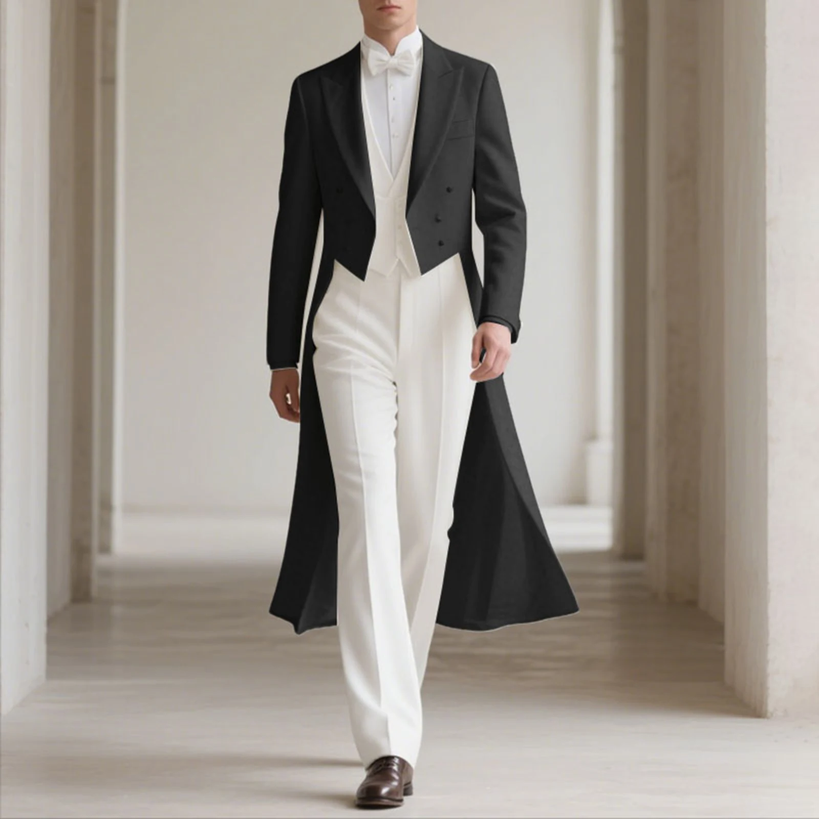 

British Style Luxury Men’s Elegant Blazer Coat Solid Color Lapel Long Sleeve Double-Breasted Long Suit Jacket