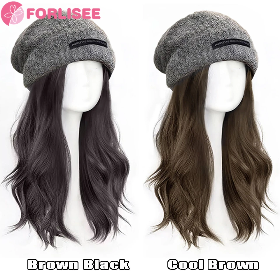 FORLISEE-gorros con pelo para mujer, peluca sintética de pelo largo y rizado de 15 pulgadas, suave y cálido gorro de punto de esquí, para Otoño e