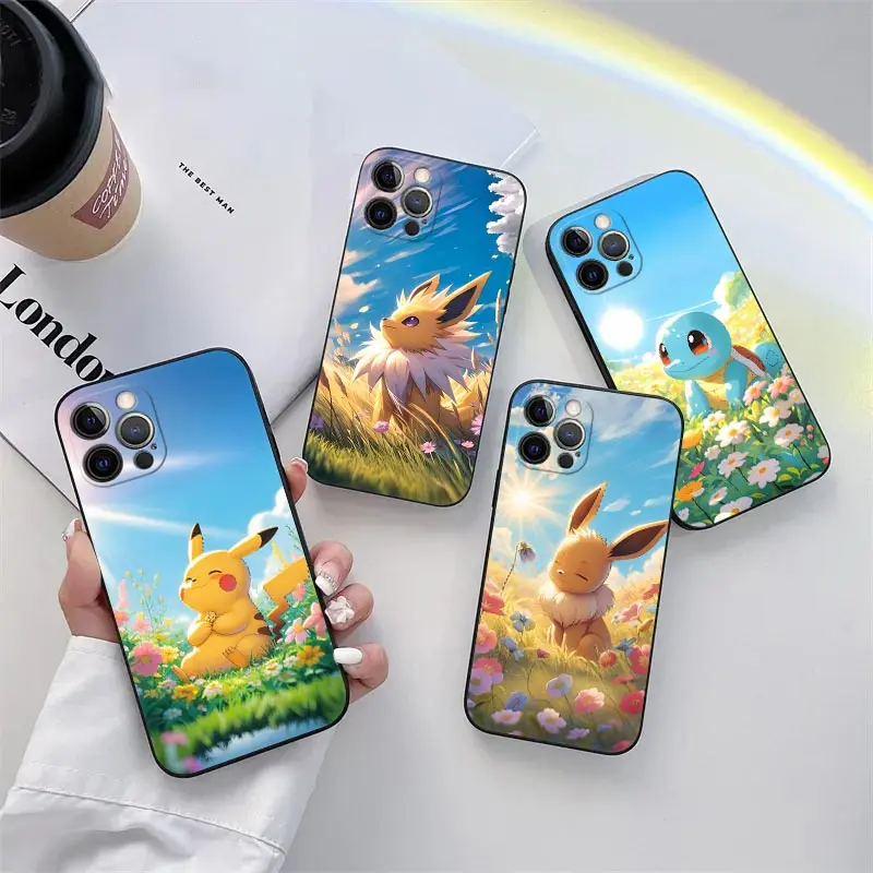 Pikachu Eevee Sunlight Pokemon Anime Phone Case for iPhone 11 15 Pro Max Case Coque 14 Plus 13 Pro 12 11 XS XR 7 8 SE Soft Cover