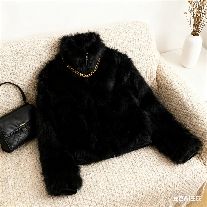 

Black Faux Fur Bomber Jacket for Women - High Collar, Zipper Closure, Soft Fluffy Texture, Stylish Cold-Weather Coat