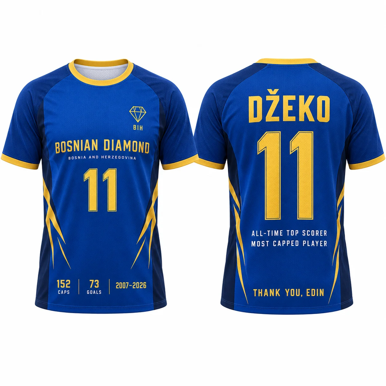 Bosnia Inspired Dzeko 11 Tribute Football Jersey Men Women Kids Blue Yellow Soccer Shirt Short Sleeve Number 11 Fan Sportswear