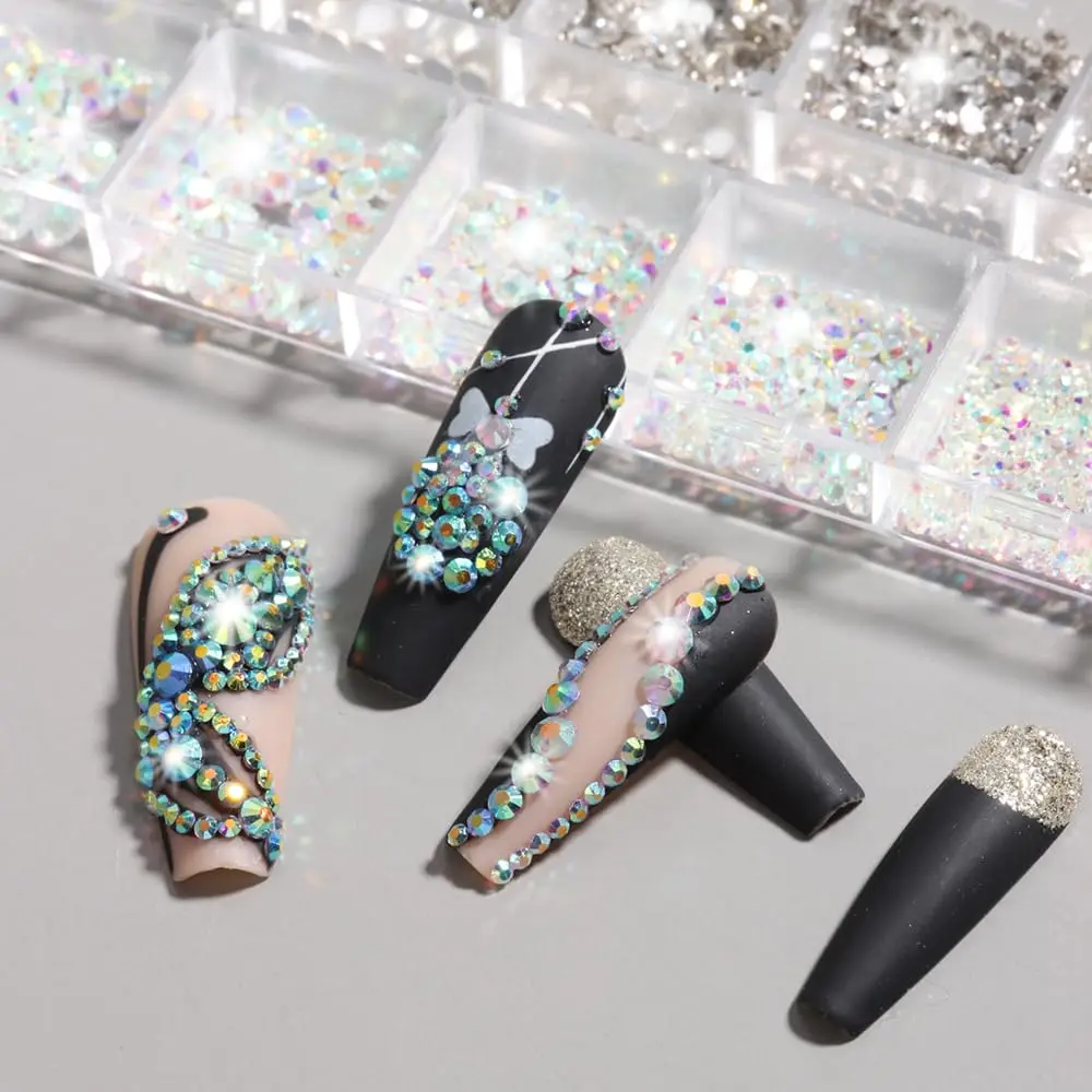 12Grids Clear Aurora Glass Nail Rhinestones +Tweezers Mixed Size Clear Nail Gems Decoration Super Sparkly Diamond Manicure Parts