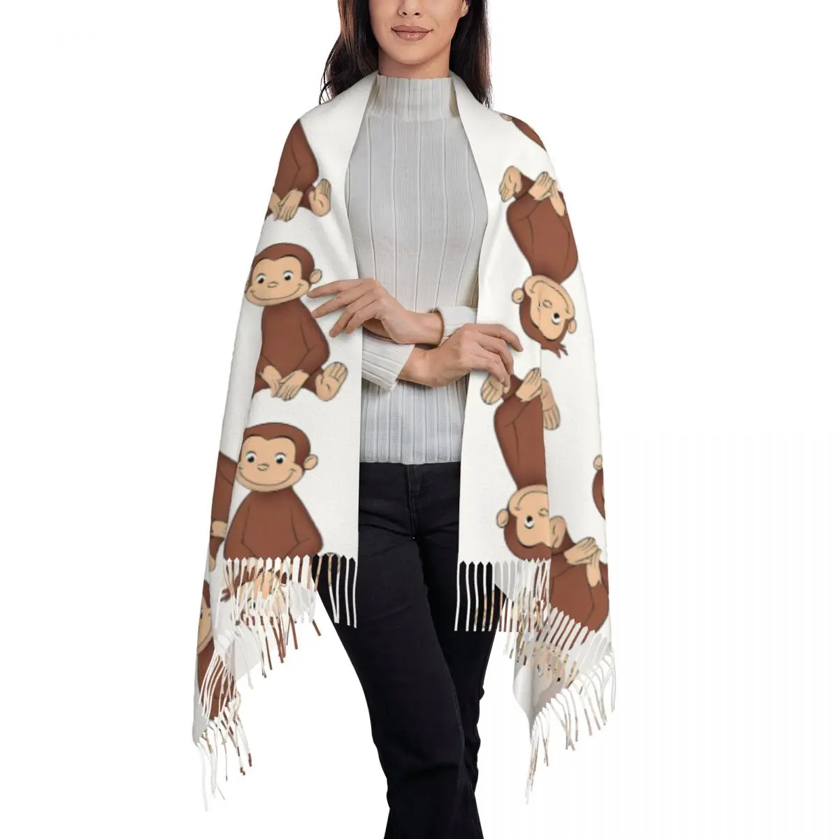 Curious George Scarf Tassel Scarves for Women Soft Warm Shawls and Wraps Long Fall Winter Shawl Wrap